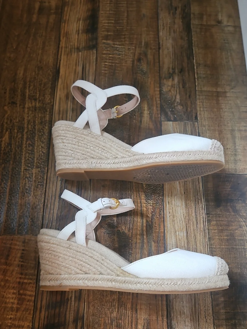 Cole Haan White Canvas Espadrille Wedge Sandals with Ankle Strap and Gold Buckle
